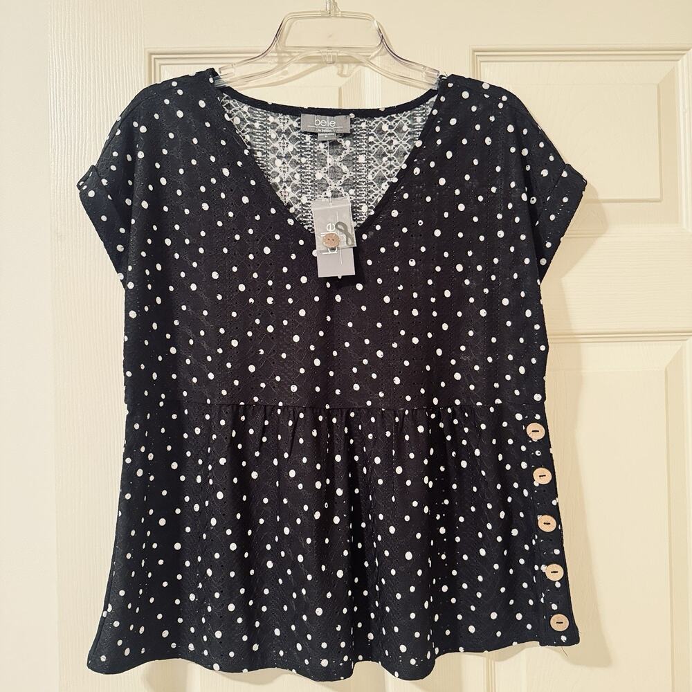 NWT BELLE by Belldini Black Polka Dot Blouse Peplum Top Flowy Casual Lasercut M